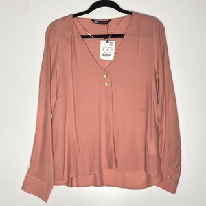 New Zara V-Neck Gold Button Blouse Women's Size Small